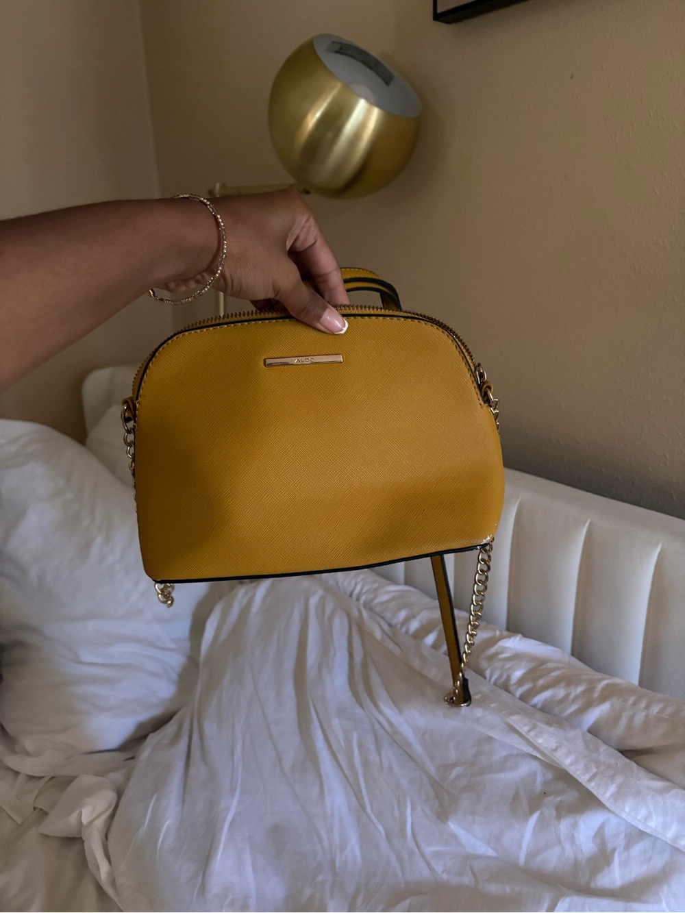 Aldo Mustard Yellow Dome Crossbody with Gold Chain Accent